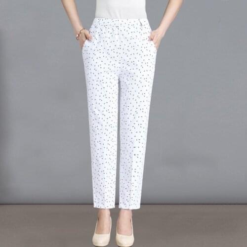 Womens Trousers 2021 Spring Summer High Waist Cotton Pants Middle Old Lady Large Size Printing Casual Pants Pantalon Femme