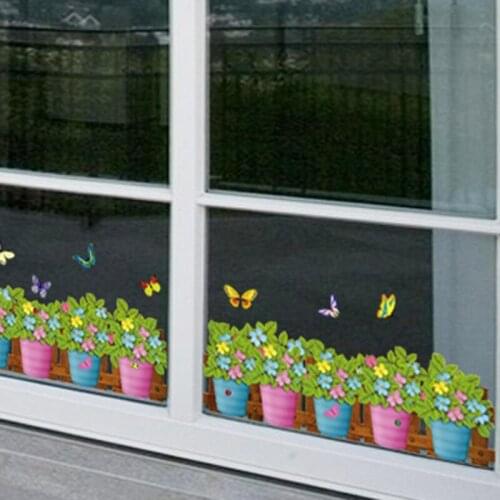 Flowerpot Butterfly Window Glass Wall Border Decal Stickers Potted Plant Home Decor Wall Mural Poster Fresh Bonsai Wallpaper
