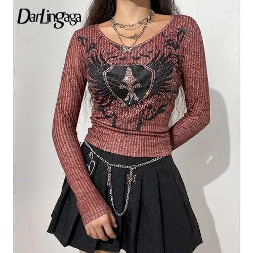 Darlingaga Retro Fashion Graphic Top Tee Rhinestone Dark Academia Autumn T-shirts Women Printed Grunge Fairycore Pullover Shirts