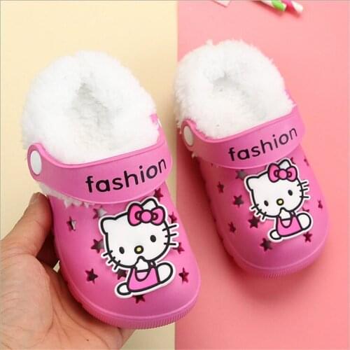 Kitty Snow White Girl Winter Clogs Warm Fur Childrens Indoor Shoes Home Hole Mules Navy Cute Pins Sandal EVA Flat Boy Shoes