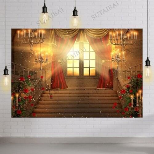 Beauty Beast Backdrops for Photography Vintage Rose Flower Gold Castle Beauty and The Beast Theme Background for Wedding Banner