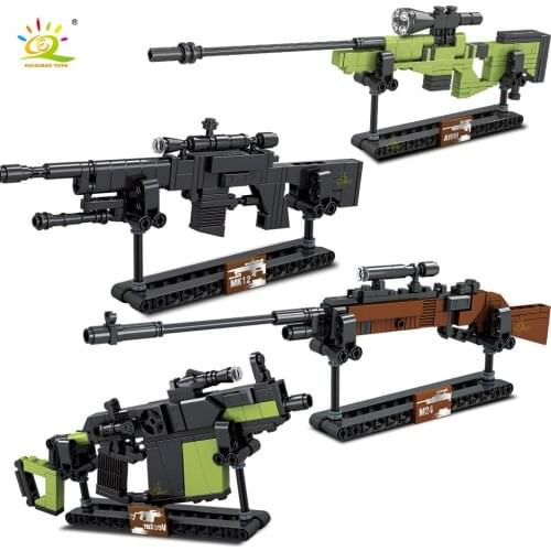 HUIQIBAO 389pcs Mini Military Weapons Model Building Blocks AWM MK12 Vector M24 Submachine Gun Sniper Rifle Bricks Toys Children