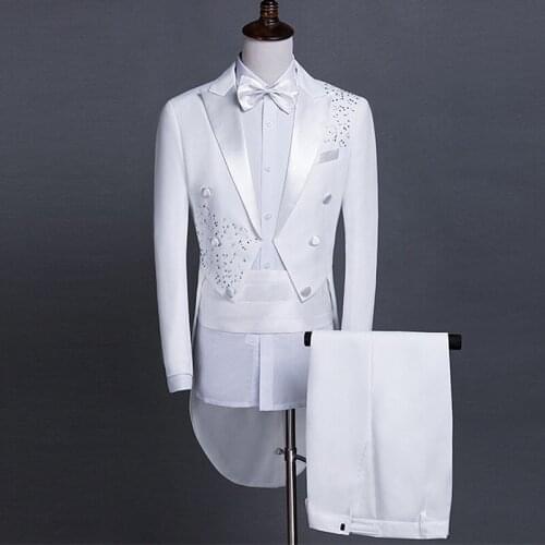 Sparkly Rhinestones White Mens Suit Formal Magician Swallowtail Performance Costumes Host Stage Outfit Singer Chorus Costumes