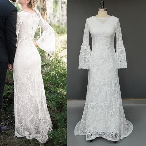 Lace Boho Mermaid Wedding Dresses Long Bell Sleeve Garden Rustic Bohemian Custom Made Drop Ship Plus Size Bridal Gown Cheap 1235