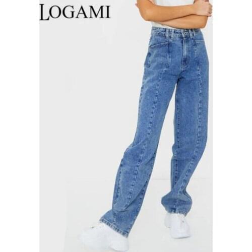 LOGAMI High Waist Loose Straight Jeans Woman Carrot Leg Harem Pants Womens Jeans Light Blue