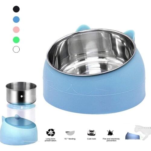 Cat Dog Bowl 15 Degrees Tilted Stainless Steel Cat Bowl safeguard Neck Puppy Cats Feeder Non-slip Crashworthiness Base Pet Bowls