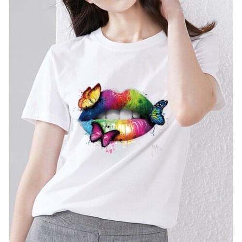 Fashion Ins Style Simple Womens T-shirt Slim Sexy Lip Print Pattern Printed Top Summer Casual Round Neck Commuter Ladies Top
