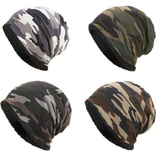 Men Women Winter Warm Cotton Baggy Beanie Hat Camouflage Print Thick Faux Fleece Lining Cold Weather Snow Ski Skull Cap