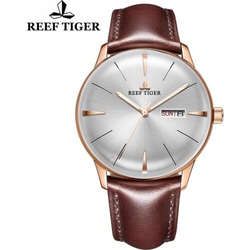 Reef Tiger/RT Classic Casual WristWatches Convex Mens Leather Strap Steel Automatic Business Sapphire Crystal Clock Calendar