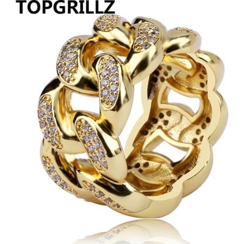 TOPGRILLZ Cuban Link Chain Ring Mens Hip Hop Gold Color Iced Out Cubic Zircon Jewelry Rings 7 8 9 10 11 Five Size