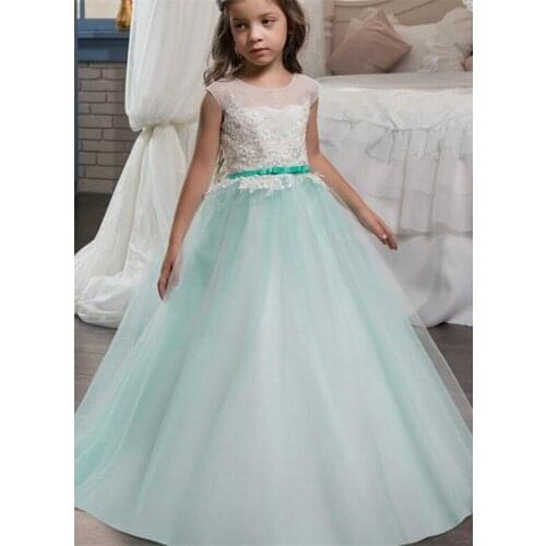 Mint Green Flower Girl Dresses For Weddings Ball Gown Tulle Appliques Lace Beaded Long First Communion Dresses For Little Girls