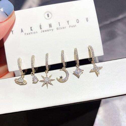 MIGGA 6pcs Micro Paved Cubic Zircon Star Moon Dangle Earrings Set Gold Color Women CZ Stone Jewelry