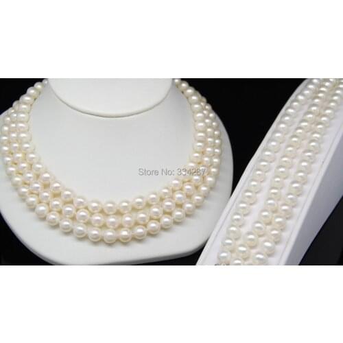 Triple Strand Natural AAA+Akoya 7-8MM white pearl sets