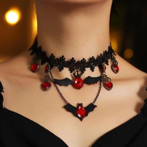 Gothic Jewelry Red Bat Halloween Necklace Lace Choker Necklace Nightmare Layered
