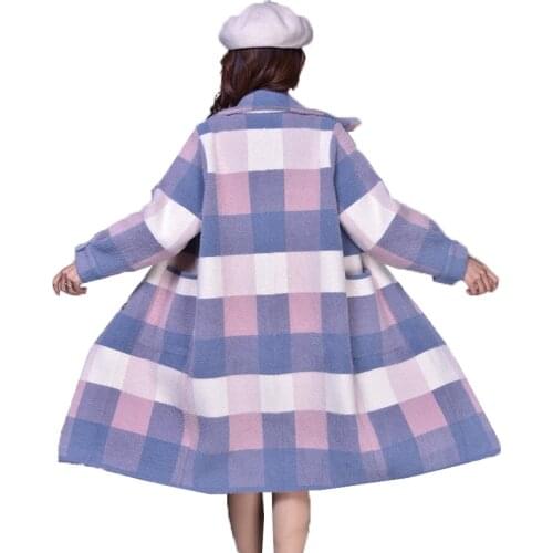 Imitation Water Velvet Maxi Plaid Coat Cardigan Female Autumn Winter New Loose Hooded Sweater Patch Thick Clothes Overcoat Mujer