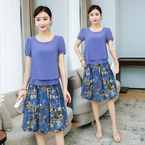 Women chiffon dress summer casual loose flower print suit dress ladies fashion elastic waist ruffle long dress 2 pieces