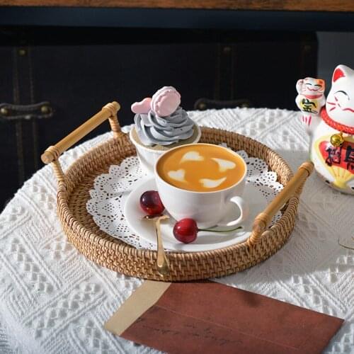 Handwoven Round Serving Tray Food Storage Plate Wicker Basket Rattan with Wooden Handles for Breakfast Drink Fruit Coffee Tea