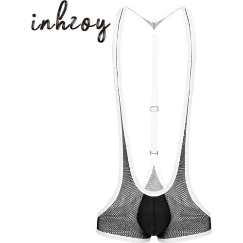 Mens Sexy Lingerie Sheer Fishnet Y-back Front Bulge Pouch Suspender Jockstraps Bodysuit Male Gay Erotic Transparent Underwear