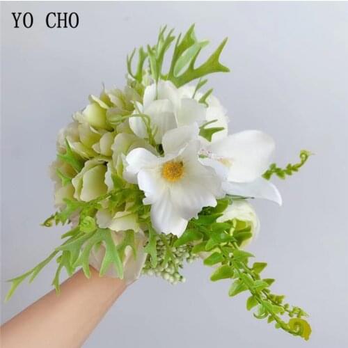 YO CHO Green Eucylaptus Artificial Flowers Bundle Silk Roses Peonies Bride Bouquet For Home Wedding Xmas Decoration Fake Floral