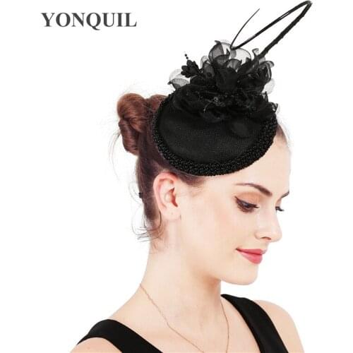 Elegant Women Black Headpiece Imitation Sinamay Fascinator Hats With Flower Headwaer Cocktail Race Millinery Cap Headbands