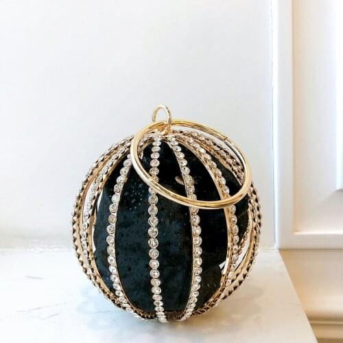 Ladies Round Metal Handle New Rhinestone Spherical Cage Evening Clutch Bag Women Hollow Out Bling Alloy Dinner Purse and Handbag