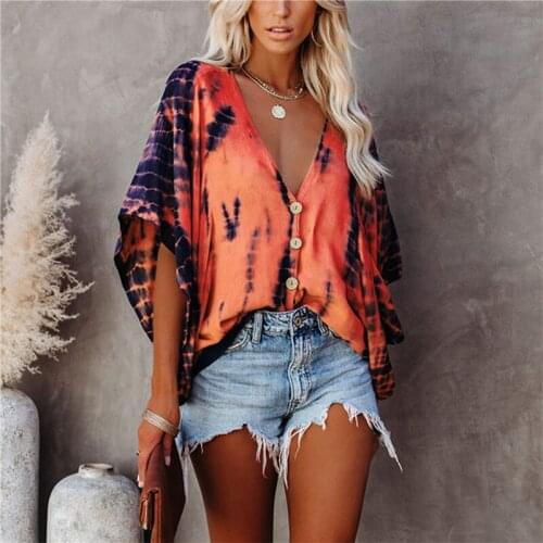 Lady Tshirts Women V-neck Bat Sleeve Tie-dye Printed Shirt Goth Aesthetic Clothes Women Breathable Comfortable Sexy Tops