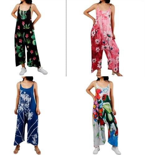Women Summer Overalls, Floral Print Sleeveless Backless Loose Suspenders Lenght Pants for Girls, 6 Colors