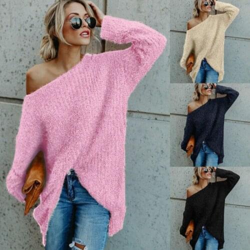 Women Off Shoulder Fluffy Fur Sweater Long Sleeve Baggy Jumper Pullover Top _
