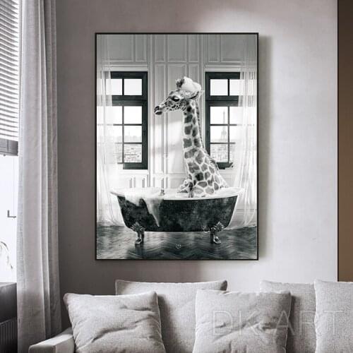 Animals Posters and Prints Giraffe in Bathtub Canvas Painting Funny Wall Art Pictures for Childrens Bathroom Home Decoration