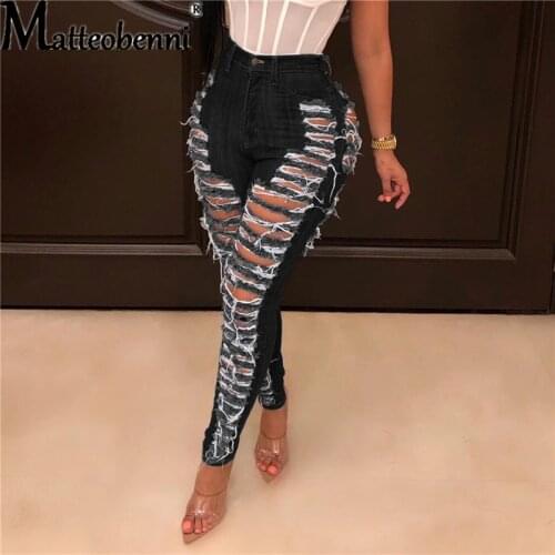 2021 Fashion Women New Denim Pants Women Retro Solid Sexy Hole Hollow Out Jeans Ripped Trousers Street Skinny High Waist Jeans