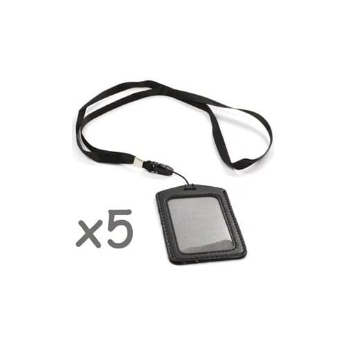 Black 5 Set of Faux Leather Business ID Badge Card Holder with Long Neck Strap Band Lanyard (36 inch full round length)