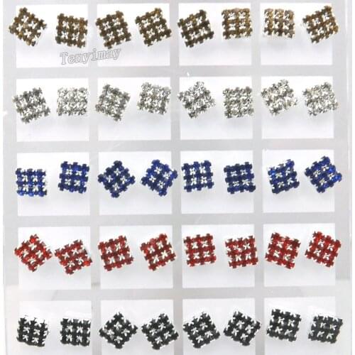 7.5mm Vintage Silver Plated Square Earring Studs Inlaid With 9 Zircons Wholesale 36 Pairs/lot Mix Colors