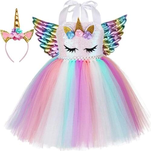 Kids Unicorn Tutu Dress With Headband Little Girls Flowers Sequin Unicorn Theme Birthday Party Costume For Halloween Carnival