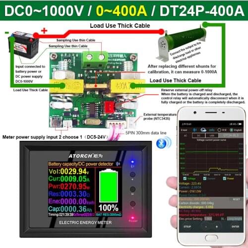 DT24P 1000V/400A IPS digital display DC Power Voltmeter Ammeter Battery Capacity Tester voltage Gauge detector Meter For App