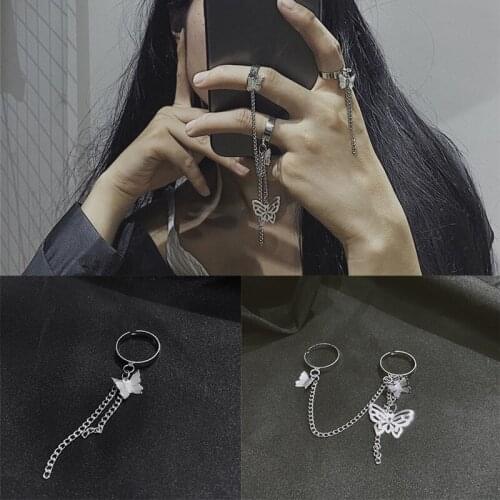 Punk Cool Hip Pop Butterfly Rings Multi-layer Adjustable Chain Open Finger Rings Alloy Rotate Rings for Women Men Party Gift