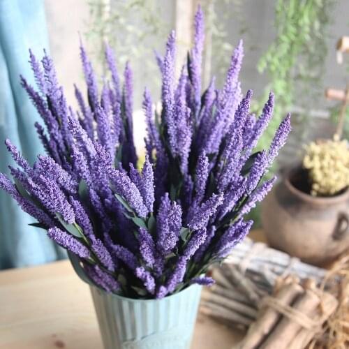 Hot sell 12 Heads/Bouquet Romantic Provence Artificial Flower Purple Lavender Bouquet with Green Leaves Home Party Decorations