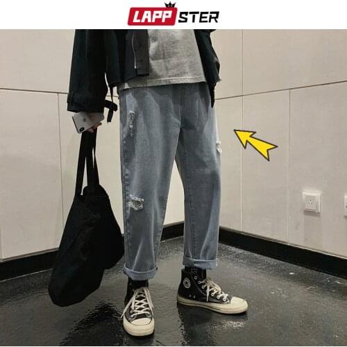 LAPPSTER Men Hole Baggy Jeans 2020 Mens Harajuku Streetwear Hip Hop Harem Pants Kpop Vintage Oversized Denim Pants Loose Joggers