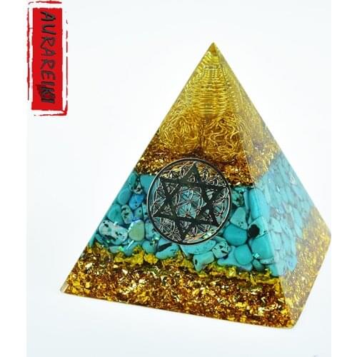 Natural Citrine & Turquoise Crystal Energy Orgonite Pyramid With Yellow Cooper Spheric EMF Protection Orgone Mental Purification