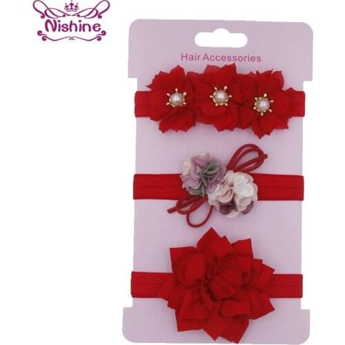 Nishine 3pcs/lot Baby Girl Lotus Flower Chiffon Headband Pearl Rhinestone Floral Headwear Cute Party Princess Photography Props