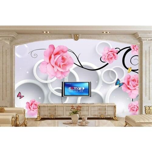 Large murals,Rose circle drops reflection 3d butterfly wallpaper,living room tv sofa wall bedroom 3d wallpaper papel de parede