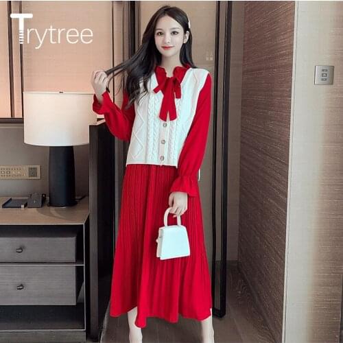 Trytree 2020 Autumn Winter Women two piece Set Casual Solid Knitted Vest + Dress Bow Tie Flare Sleeve Elastic Waist 2 Piece Set
