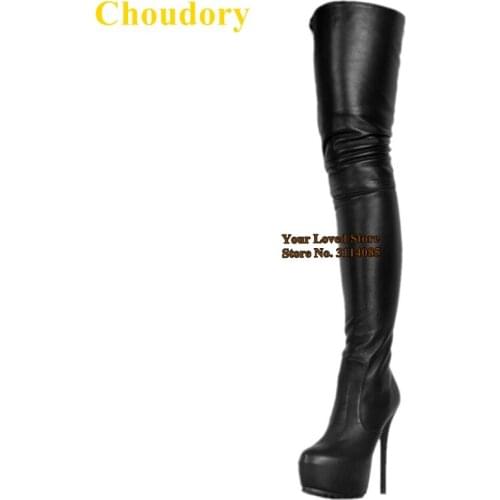 Choudory Sexy Black Matte Over-the-knee Long Boots Thin High Heels Platform Thigh High Dress Boots Nightclub Zipper Stage Shoes