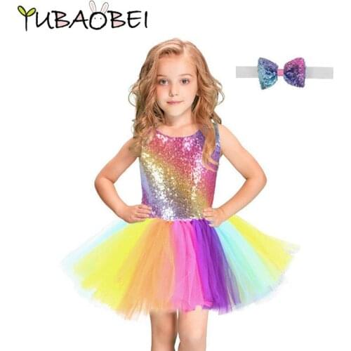 Rainbow Sequins Tutu Dress for Kids Fashion Backless Sleeveless Tulle Dress Girls Clothes Colorful Children Girl Party Frocks