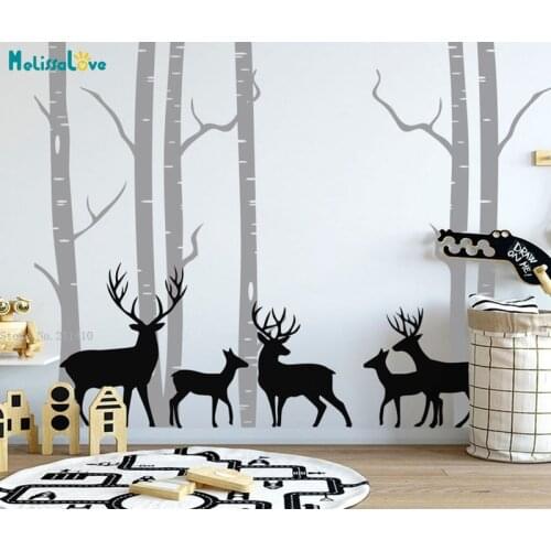 Custom Two Colors Winter Birch Tree Wall Decal Christmas Window Stickers Buck Deer Murals Removable YT5548