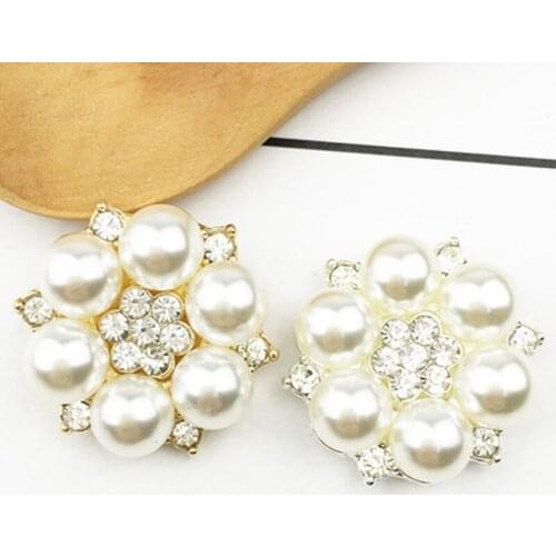 10pcs/set Two Colour 25mm Flower Rhinestones Buttons Pearl Button Wedding Decoration Diy Alloy Diamond Crystal Bow Accessories