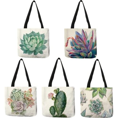 Watercolor Tropical succulent Plants Print Linen Bag Floral Tote Bags For Women Folding Reusable Shopping Bags Traveling Bags