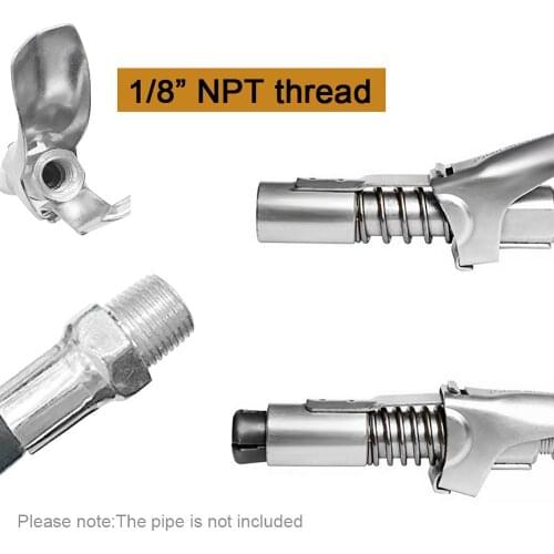 Heavy-Duty Quick Release Grease Gun Coupler onto Zerk Fittings, 10,000 PSI 1/8" NPT Self-Locking Press Easy to Push