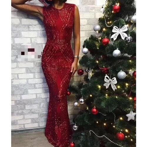 High Quality Red Sequined Sleeveless Long Bodycon Dress Evening Party Bodycon Dress