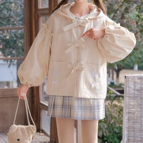 Japanese Winter Preppy Style Sweety Soft Girly Kawaii Rabbit Embroidery Pocket Full Sleeve Hooded Lace Up Bow Hoodie Coat Female