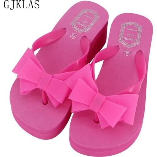 Womens Flip Flops Platform Wedges for Women Summer Slippers Bow Outdoor Casual Mules Femme Flip-flops Womens Beach Shoes Pink